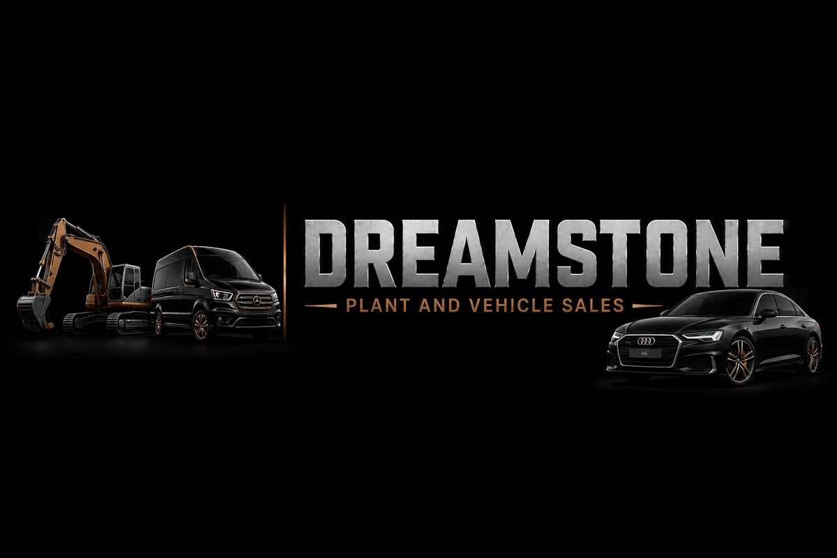 Black background with the text "DREAMSTONE" in large, metallic letters, and below it, smaller text reads "PLANT AND VEHICLE SALES". To the left, there is an excavator and a black Mercedes-Benz van. To the right, there is a black Audi A6 sedan.