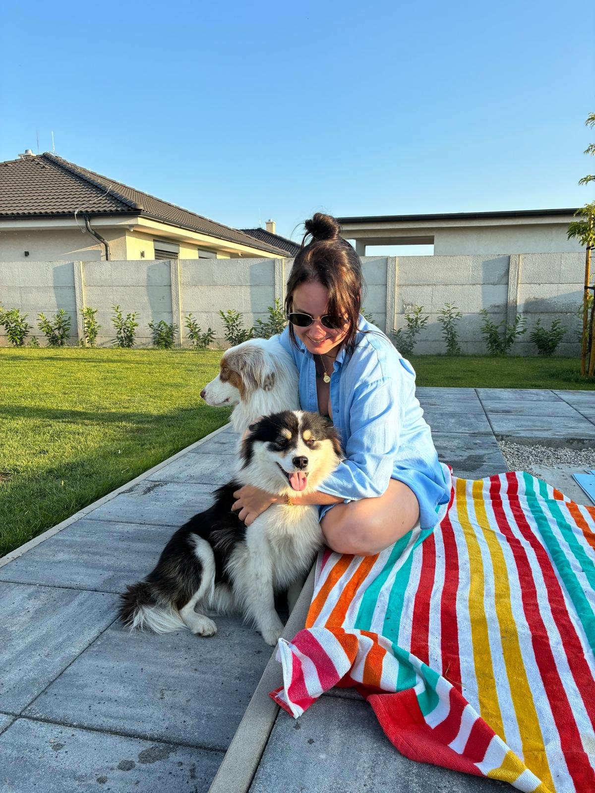 A woman sitting on a colorful striped towel on a patio, smiling and hugging a black and white Australian Shepherd dog, with another Australian Shepherd dog beside her, in a backyard with a grass lawn, small plants, a gray fence, and houses under a clear blue sky.