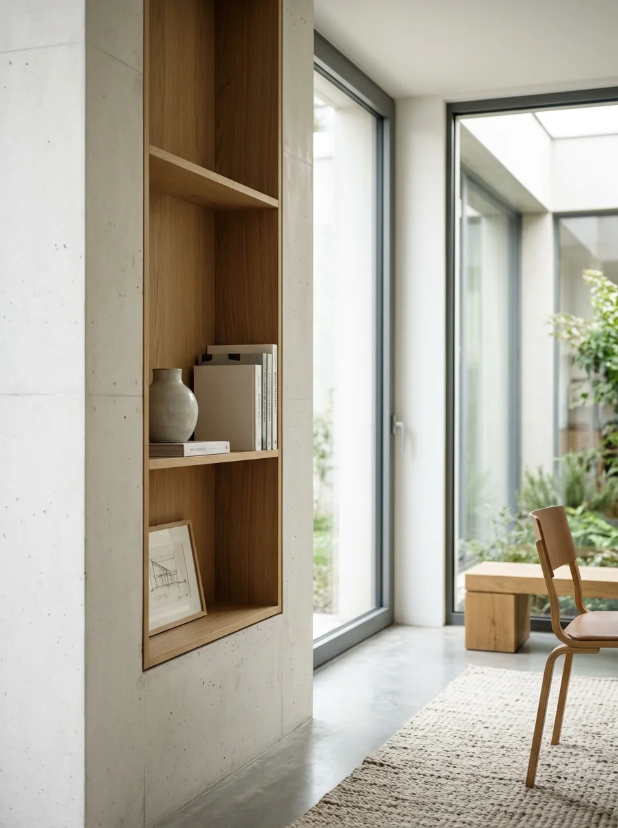 Interno moderno con libreria in legno, vasi, libri e quadro su parete di cemento, grandi vetrate con vista su giardino, seduta in legno con imbottitura e tappeto beige.