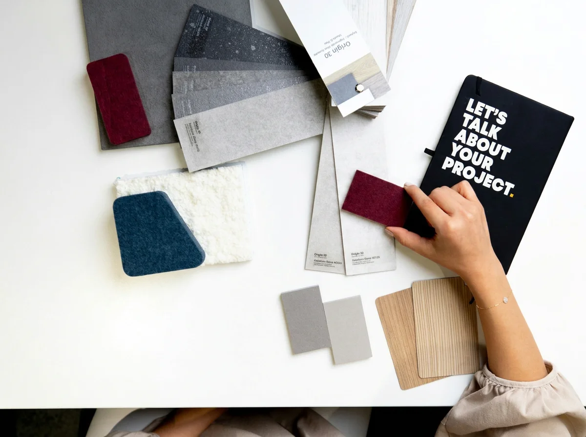 Materiali di progettazione d'interni, inclusi campioni di tessuti, colori e materiali per mobili, su una scrivania bianca.