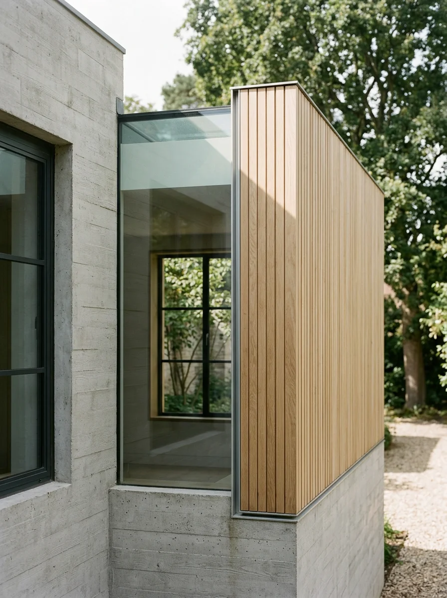 Vista di una casa moderna con pareti di cemento, grandi finestre con infissi neri e rivestimento esterno in legno verticale, circondata da alberi e vegetazione.
