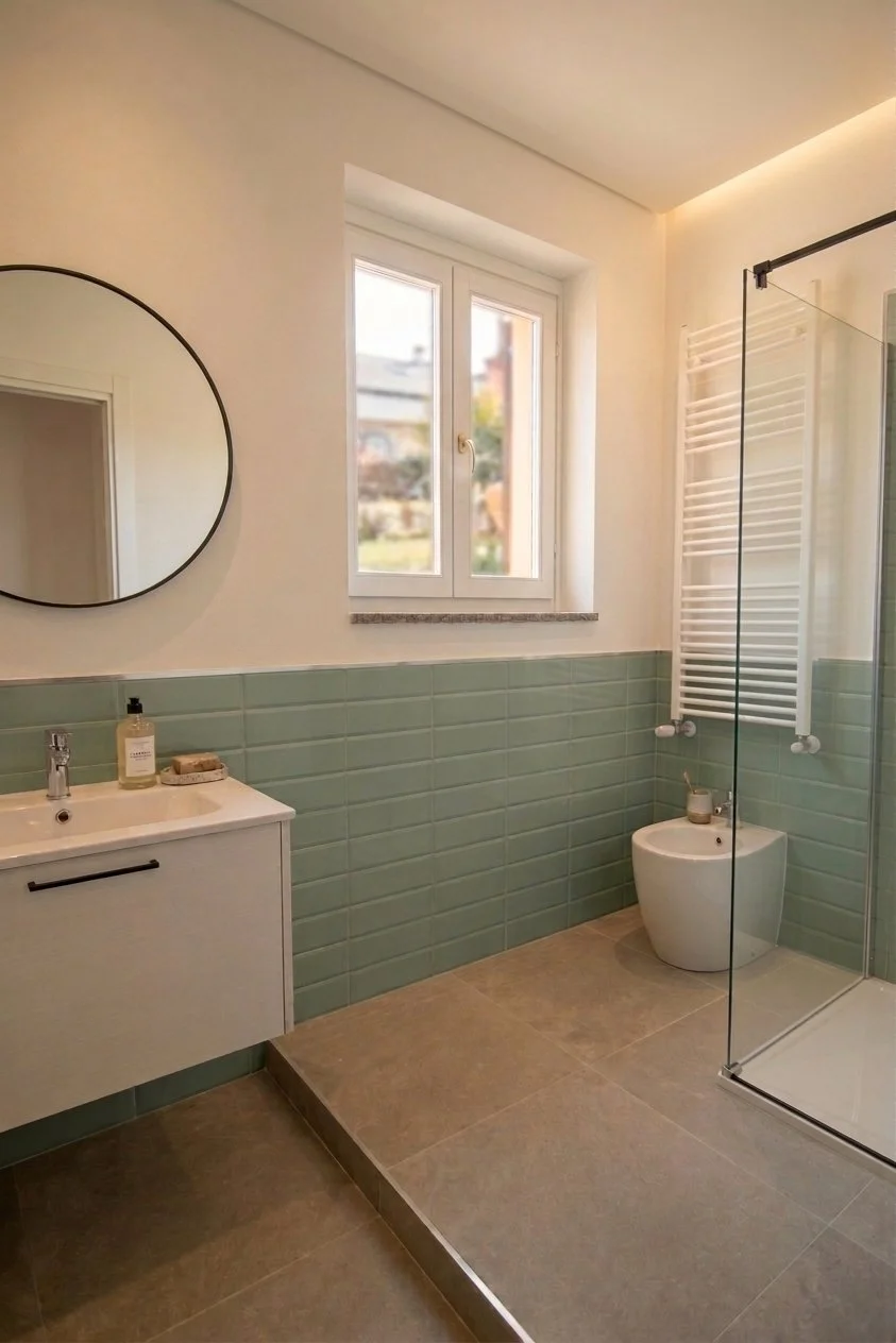 Bagno moderno con pareti piastrellate di verde chiaro fino a metà altezza, lavabo con specchio tondo sopra, finestra, doccia con porta in vetro e radiatore a secco bianco.