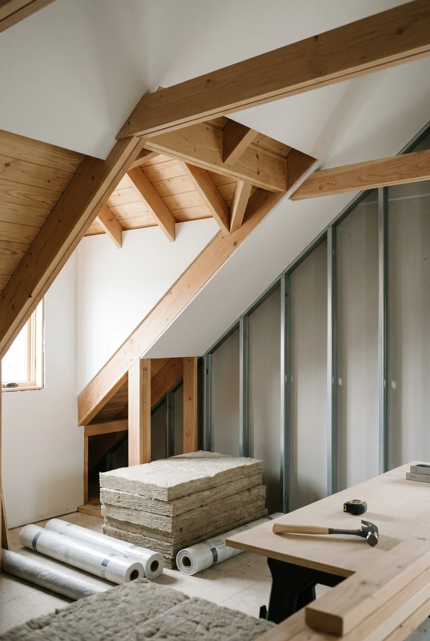 Interno di una soffitta in costruzione con strutture in legno e pannelli di isolamento, attrezzi e materiali da costruzione.