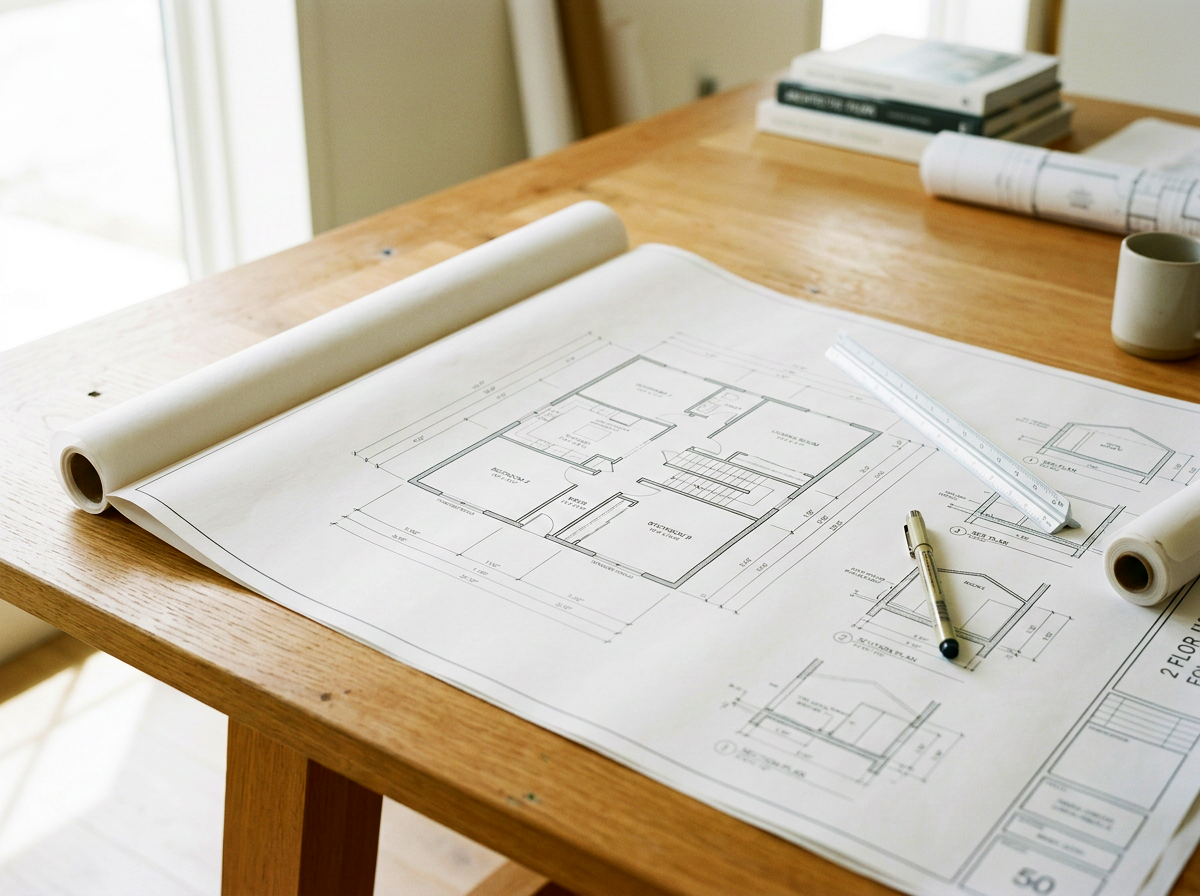 Progetto architettonico di una casa su tavolo con matita, righello, penna e rotoli di carta