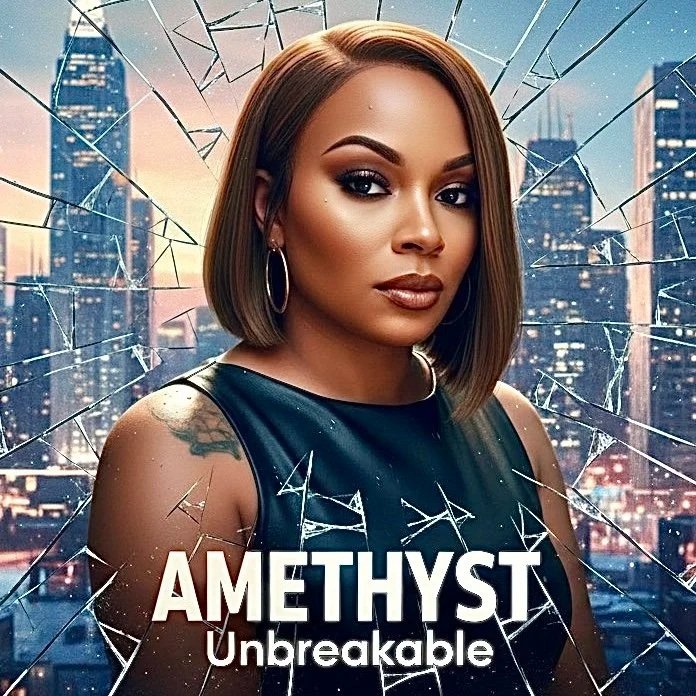 A woman with shoulder-length hair and hoop earrings wearing a black sleeveless top, looking directly at the camera, with a cracked glass effect and city skyline background, promoting the show 'Amethyst Unbreakable'.