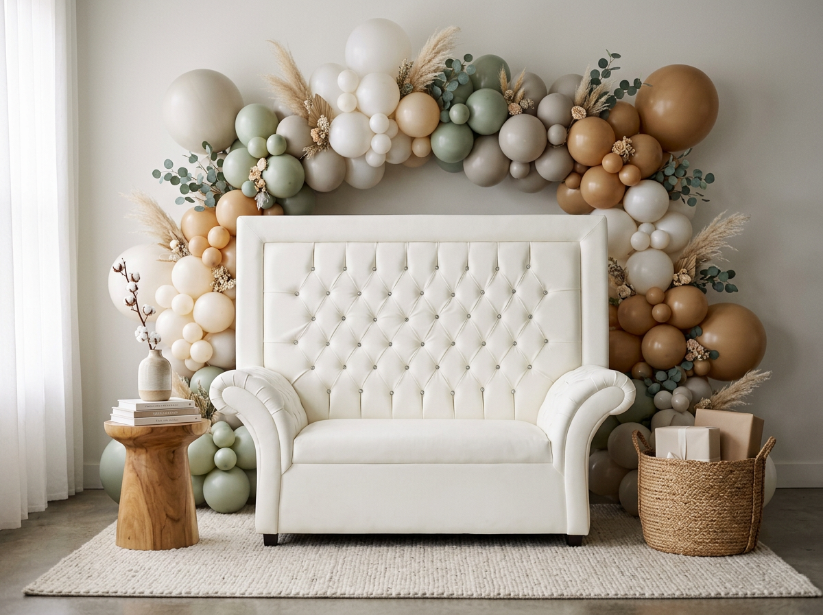 A white tufted high-back loveseat in front of a balloon garland with neutral-colored balloons, pampas grass, and eucalyptus leaves. To the left, a wooden side table with a white vase holding a brown branch and books. To the right, a woven basket with wrapped gifts. The setting is in a bright room with sheer curtains.