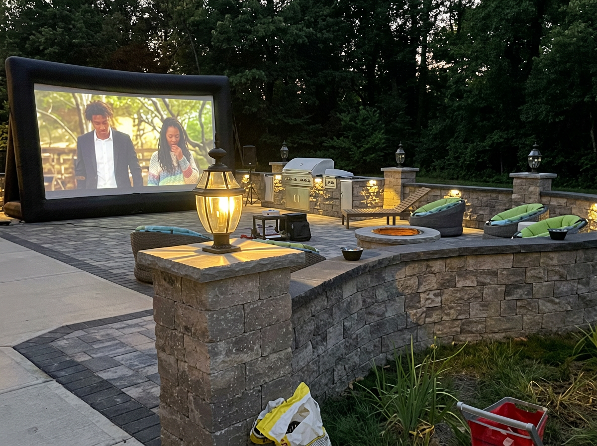 Outdoor patio with a large inflatable movie screen displaying a scene with a man and woman, surrounded by patio furniture, lamps, and a stone BBQ grill, set in a lush green yard at dusk.
