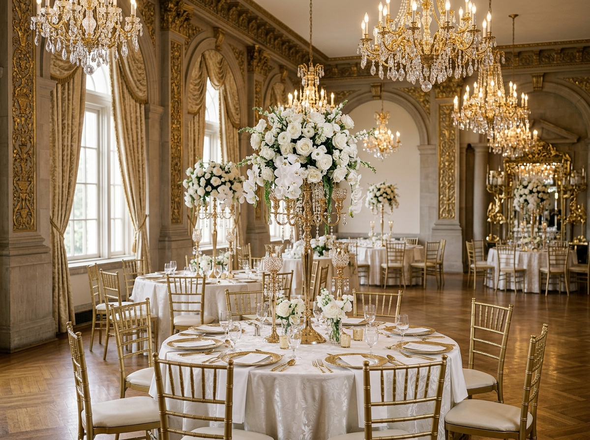 Elegant banquet hall with gold accents, crystal chandeliers, large floral centerpieces, and table settings with white tablecloths, gold chargers, and glassware.