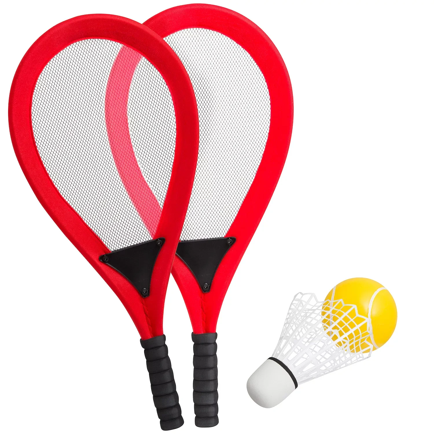 Two red tennis rackets with black grips and a yellow tennis ball with a white netted shuttlecork beside them.