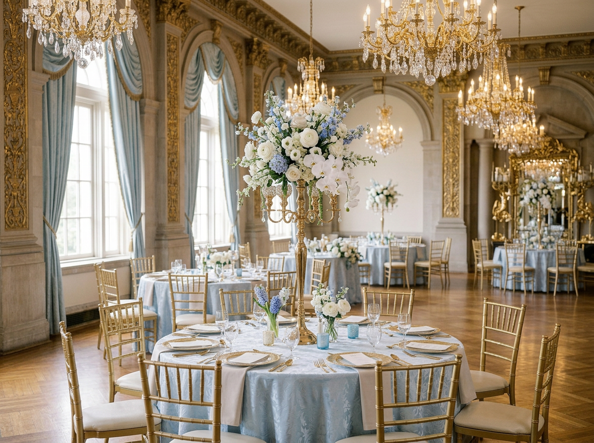 Elegant banquet hall with multiple round tables decorated with light blue tablecloths, white floral centerpieces, and gold chairs. The room features large windows with blue drapes, ornate gold accents, and chandeliers hanging from the ceiling.