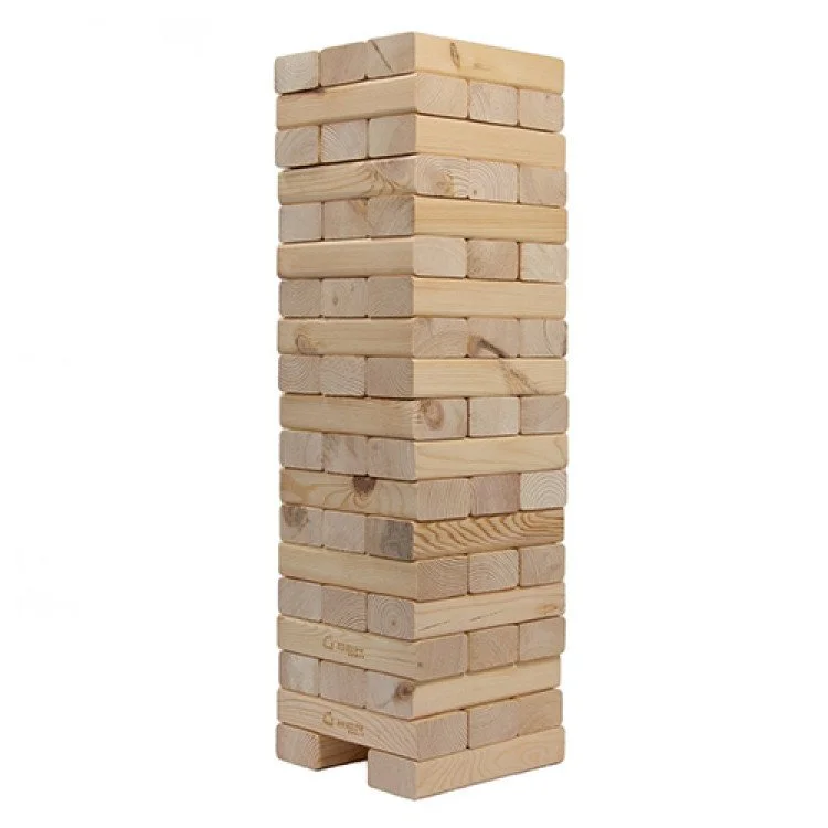 A tall, narrow stack of wooden blocks, arranged vertically, resembling a Jenga game setup.