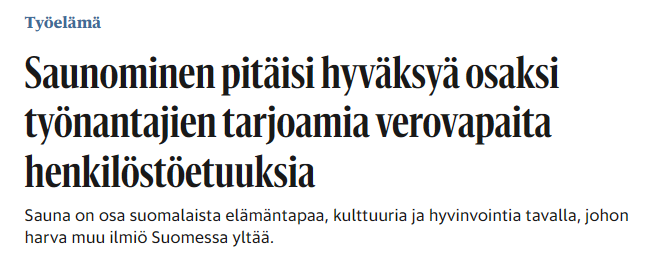 Lehden otsikko ja leipäteksti, jossa puhutaan saunan merkityksestä Suomessa ja sen roolista suomalaisessa elämäntavassa.