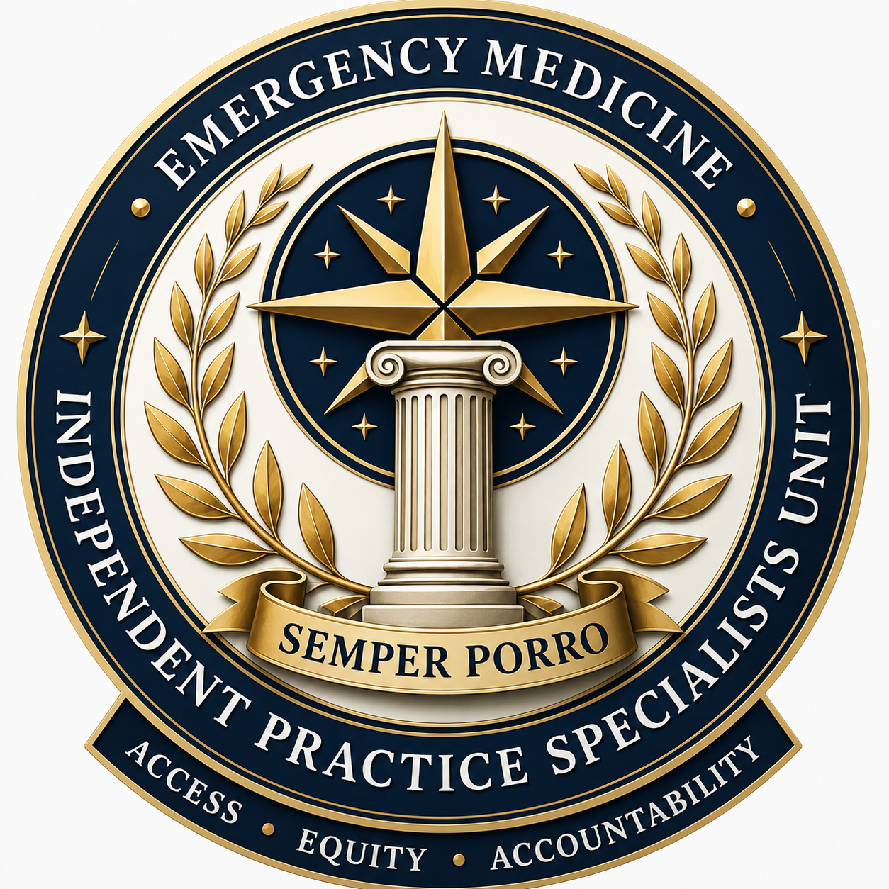 Emblem of the Emergency Medicine Department with a star, a column, laurel wreath, and a Latin motto, surrounded by a circular band with the words 'Indiana University Student Practice Specialist Unit' and themes of access, equity, and accountability.