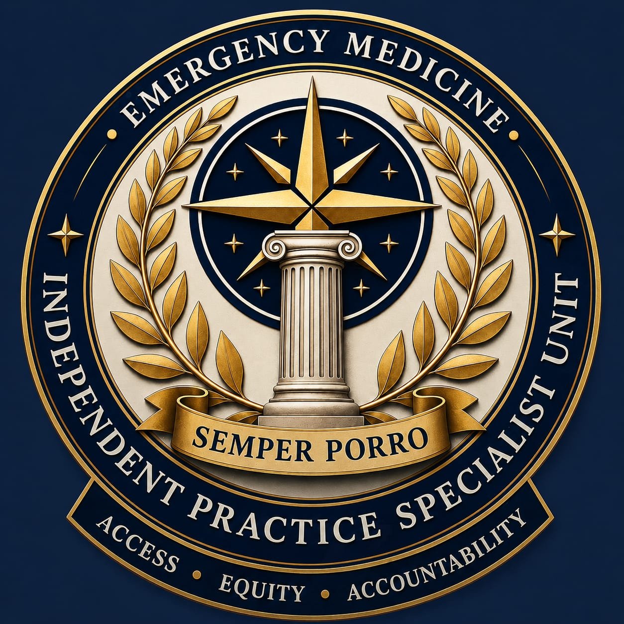 Emblem of the Emergency Medicine Department featuring a column with a starburst compass design, surrounded by gold laurel leaves and a banner with Latin motto 'Semper Porro', all on a dark background, with text around the border reading 'Emergency Medicine', 'Independent Practice Specialist Unit', and keywords 'Access, Equity, Accountability'.