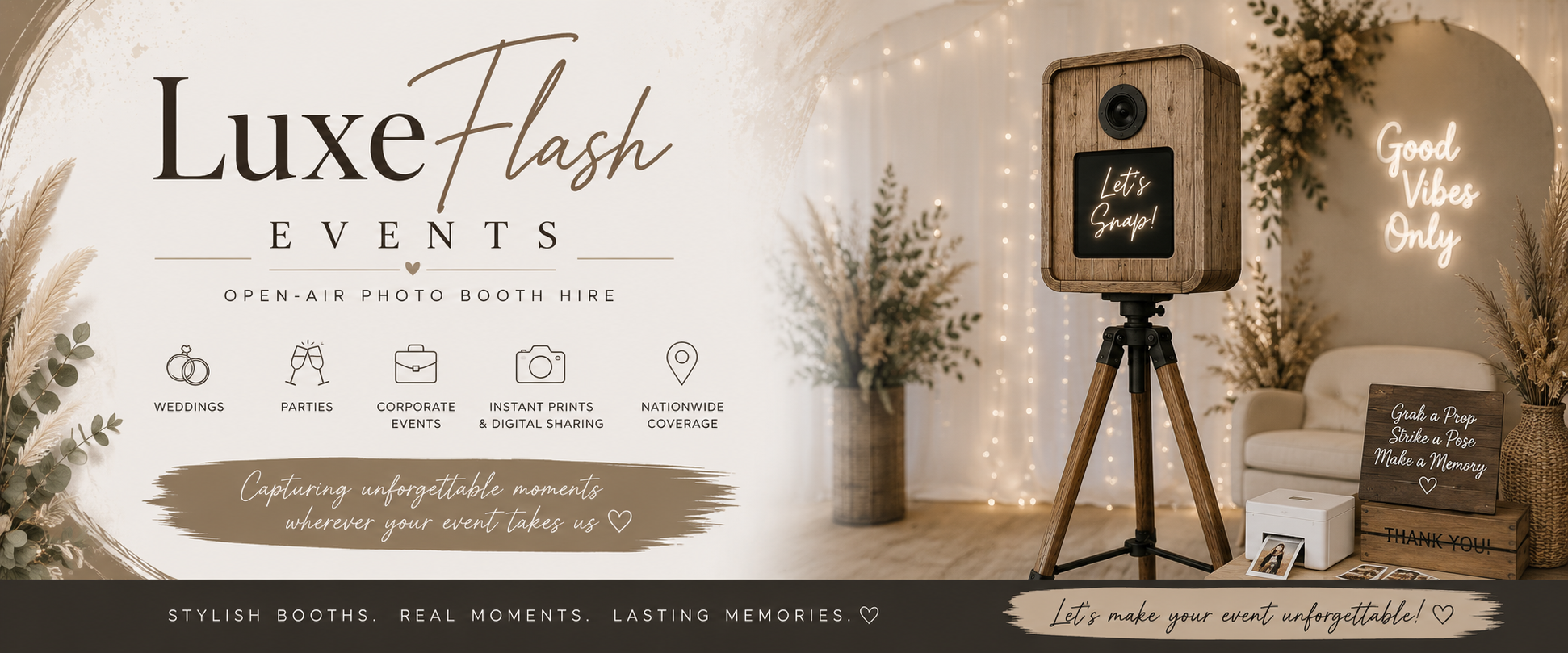 A promotional banner for Luxe Flash Events displaying the company's services such as wedding, party, corporate event photography, instant prints, digital sharing, and nationwide coverage. The banner features a boho-chic photo booth setup with a wooden speaker, signs with neon-like lettering, floral arrangements, and cozy seating, all in a warm, inviting ambiance.