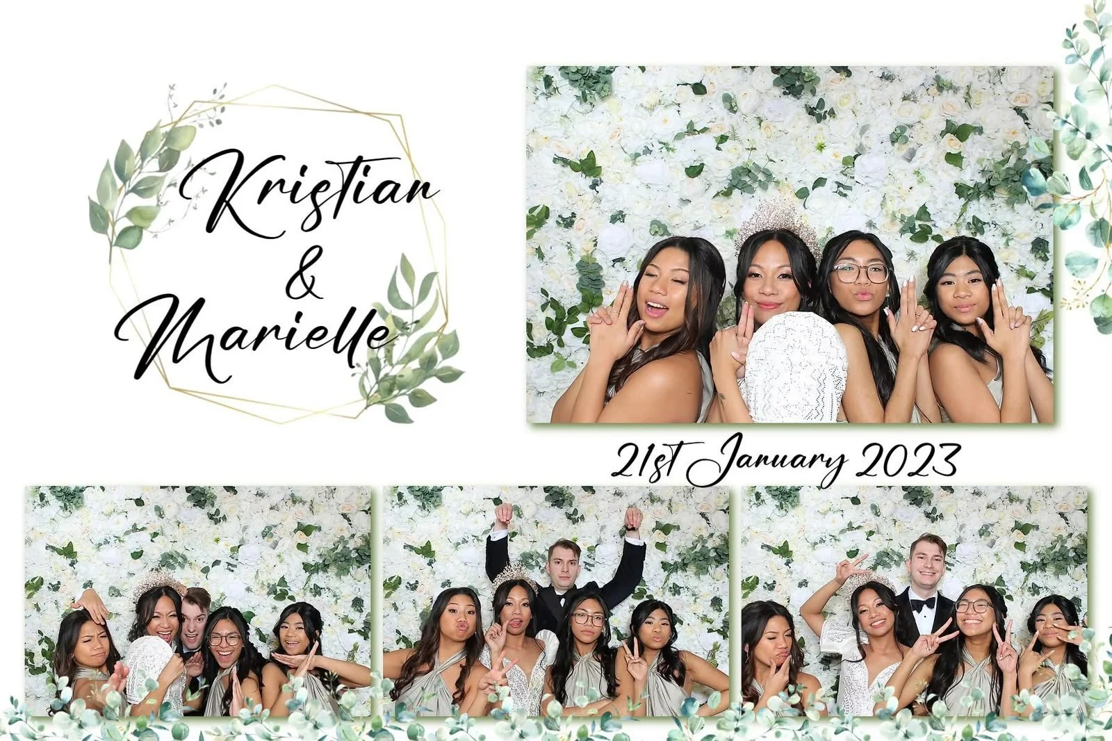 Collage of wedding photos with four women posing and celebrating, floral backdrop, and decorative green leaves, with text "Kristian & Marielle, 21st January 2023."