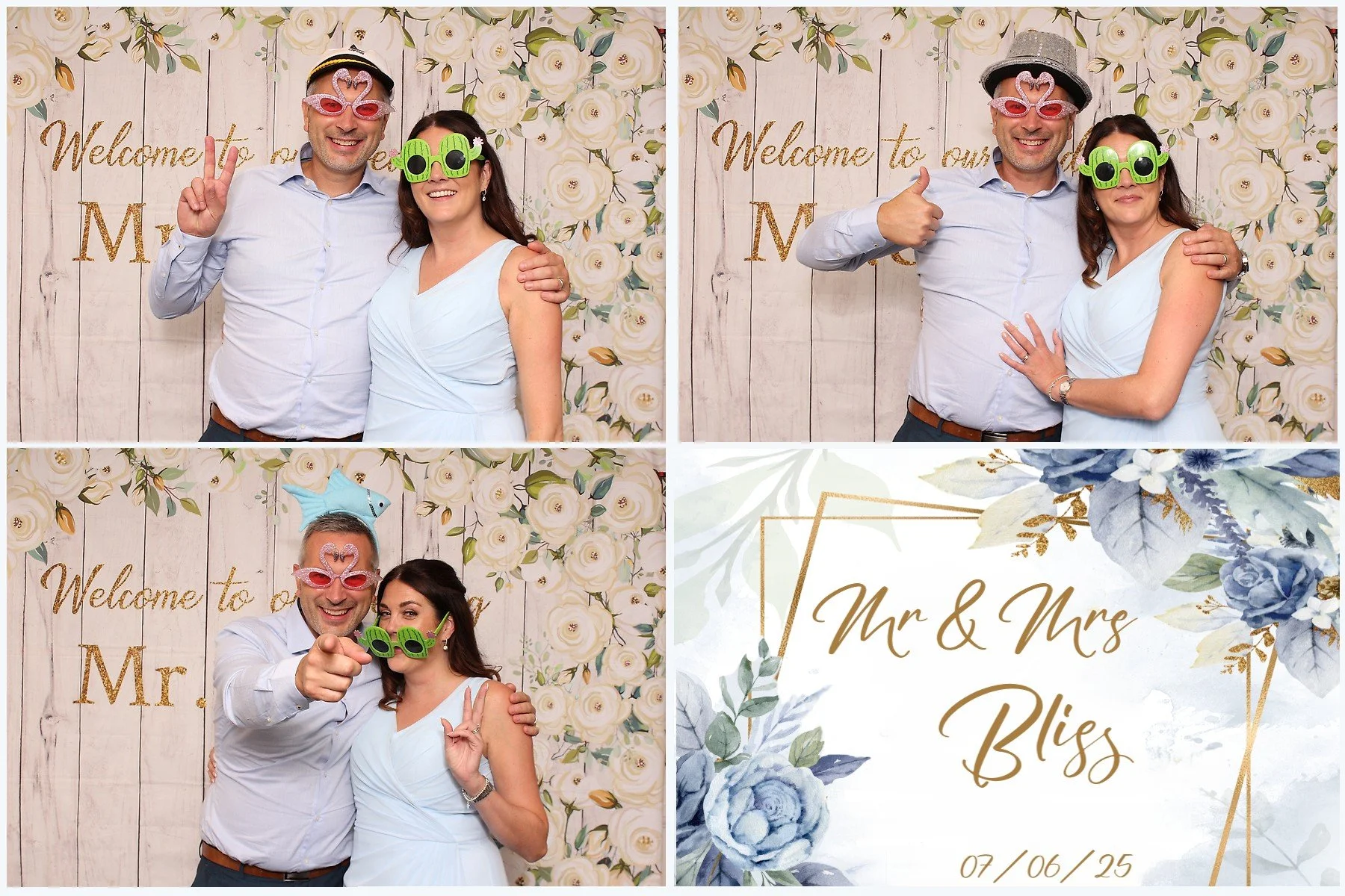 Group photos of a man and woman celebrating at a wedding photo booth with floral backdrop, wearing playful sunglasses and props, with a wedding sign reading 'Mr & Mrs Bliss' and the date 07/06/25.