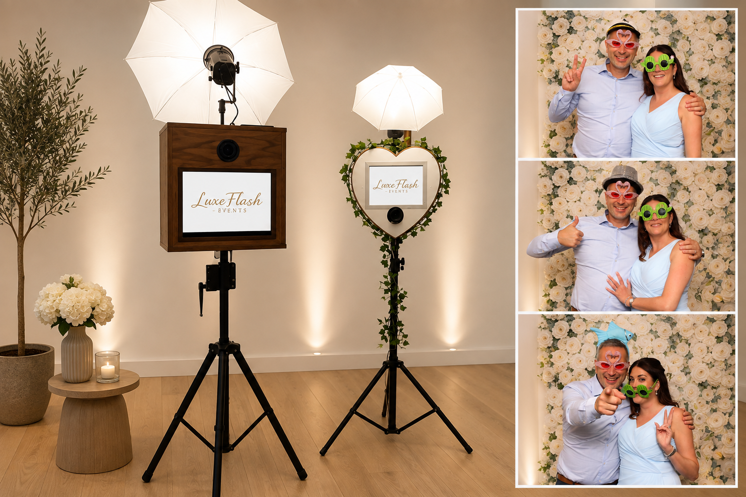 Photo booth with photo props including colorful glasses, a pink bunny nose, and a blue bow tie, set against a floral backdrop. Three different photos show a man and woman posing, making peace signs, thumbs up, and pointing at the camera.