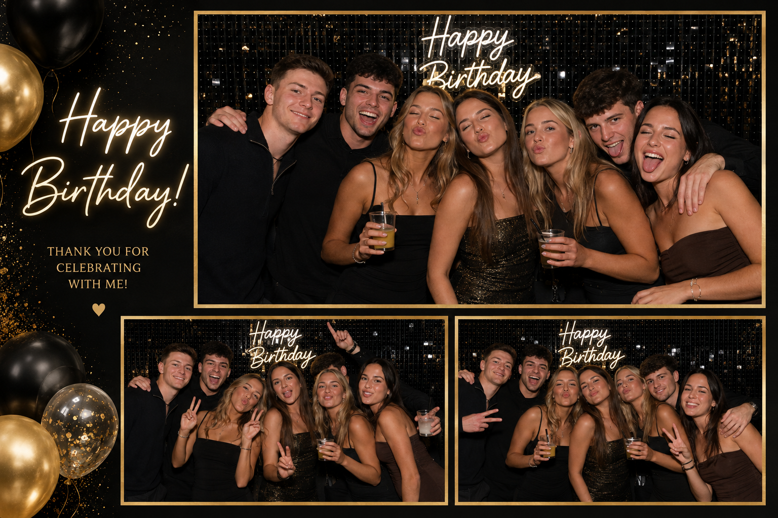 A group of young friends celebrating a birthday at a party, posing in front of a black and gold decorated backdrop with balloons and a Neon sign that says 'Happy Birthday'. They are smiling, making peace signs, and holding drinks.