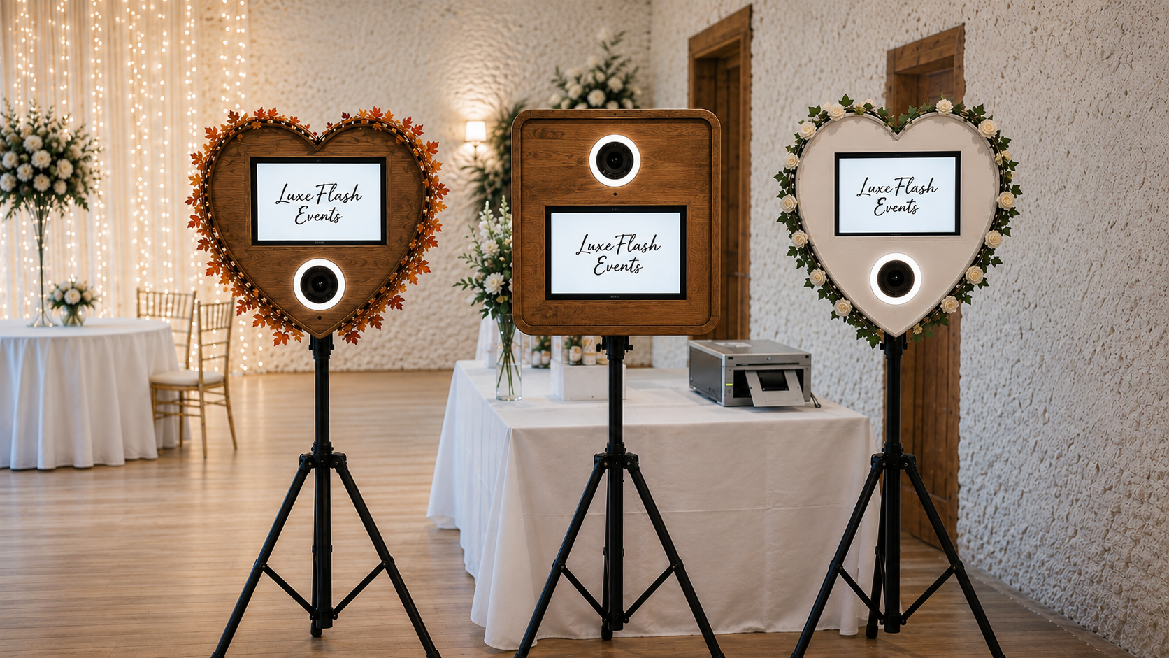 Photo of three photo booths with heart-shaped and square frames decorated with flowers, displaying screens with 'Luxe Flash Events' text, in a decorated event space with flowers and string lights