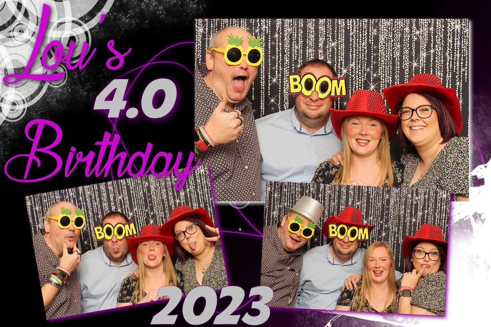 A photo booth picture celebrating Lou's 40th birthday in 2023, with four people wearing fun accessories like red hats and pineapple sunglasses, against a sparkly black backdrop.