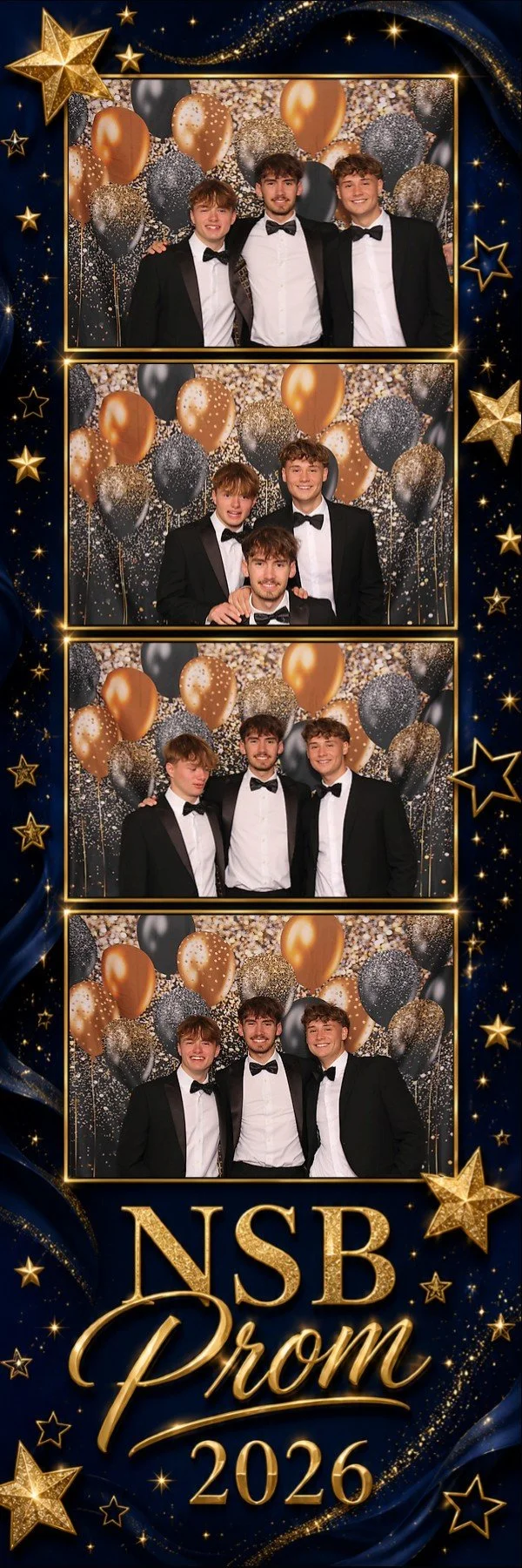 A four-photo strip from a prom event with a backdrop of gold, black, and silver balloons and glitter, featuring a group of young men in tuxedos. The bottom of the strip displays gold text reading 'NSB Prom 2026' with star decorations.