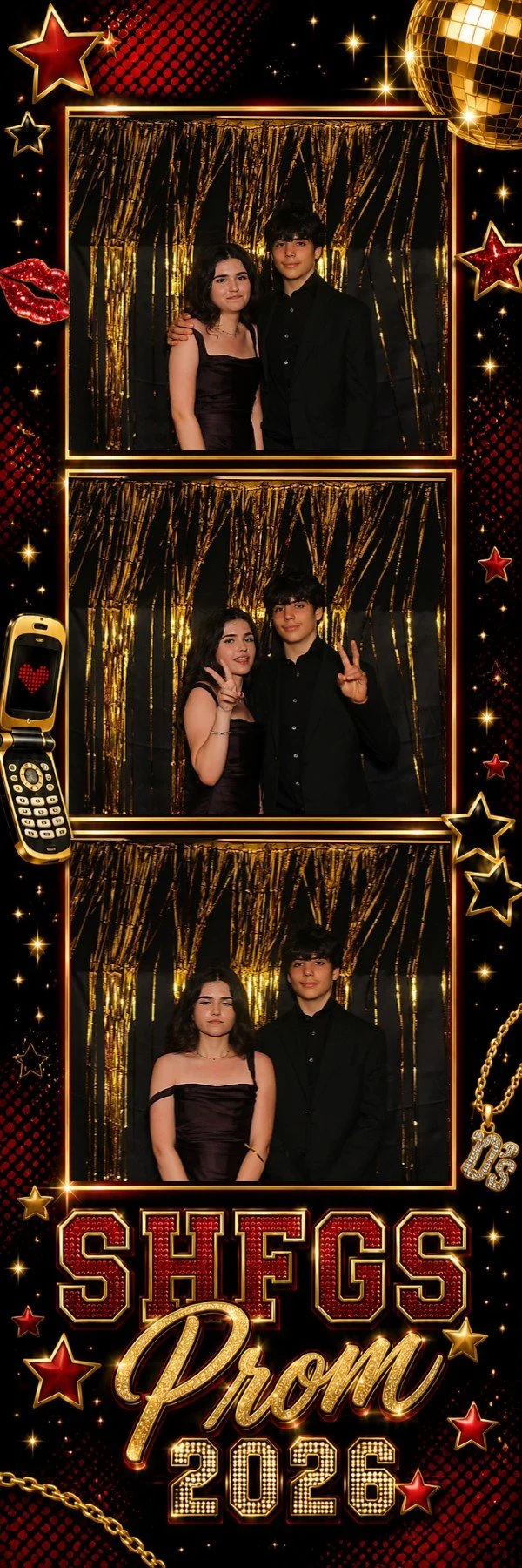 Photo booth strip with three pictures of a teenage girl and boy dressed in formal attire, set against a backdrop of gold tinsel curtains. The border features a black background with red and gold stars, a gold disco ball, a red lipstick kiss, a flip phone with a heart, and a gold chain necklace with a 'D' charm. The bottom of the strip reads 'SHFGS Prom 2026' in sparkly red and gold lettering.