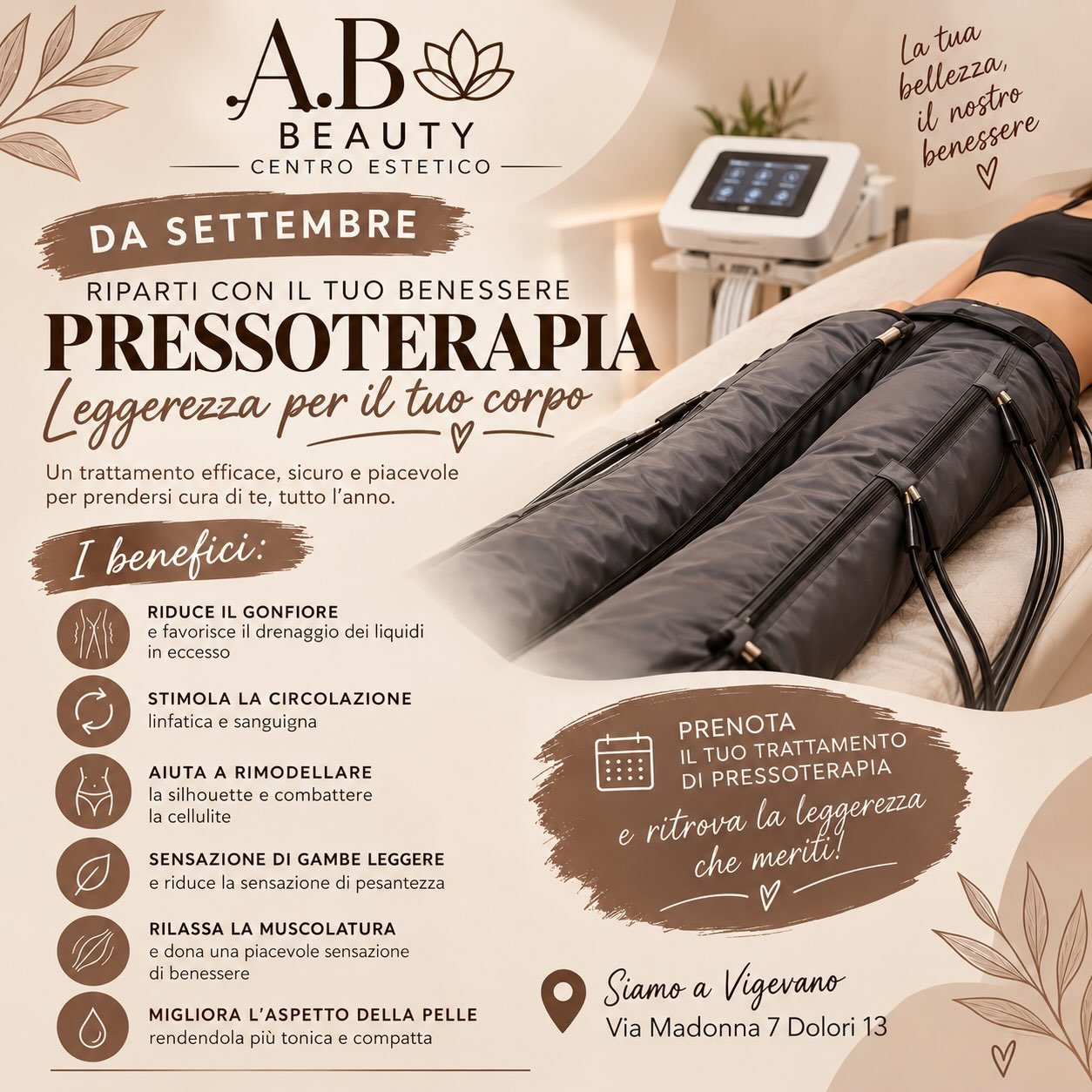 ✨ A SETTEMBRE RIPARTI DA TE! ✨

Dopo l&rsquo;estate &egrave; il momento perfetto per prenderti cura del tuo corpo e ritrovare una piacevole sensazione di leggerezza. 🤎

La pressoterapia &egrave; un trattamento piacevole che pu&ograve; aiutare a:
&bu