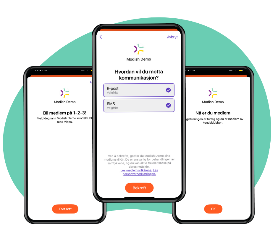 Tre mobilskjermer med skjermbilder av en app kalt Modish Demo, der brukeren velger hvordan de vil motta kommunikasjon via e-post eller SMS, med innloggings- eller registreringsskjermbilder i bakgrunnen.