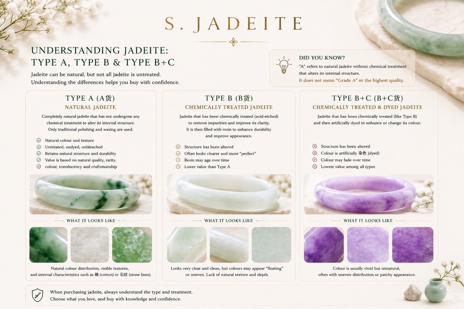 Guide to Type A, Type B and Type B+C jadeite treatments