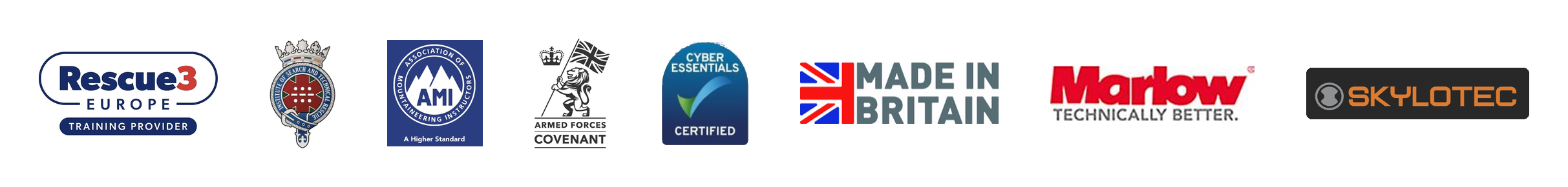 Accreditations and partners: Rescue 3 Europe Training Provider, Institute of Search and Technical Rescue, Association of Mountaineering Instructors, Armed Forces Covenant, Cyber Essentials Certified, Made in Britain, Marlow Ropes, SKYLOTEC