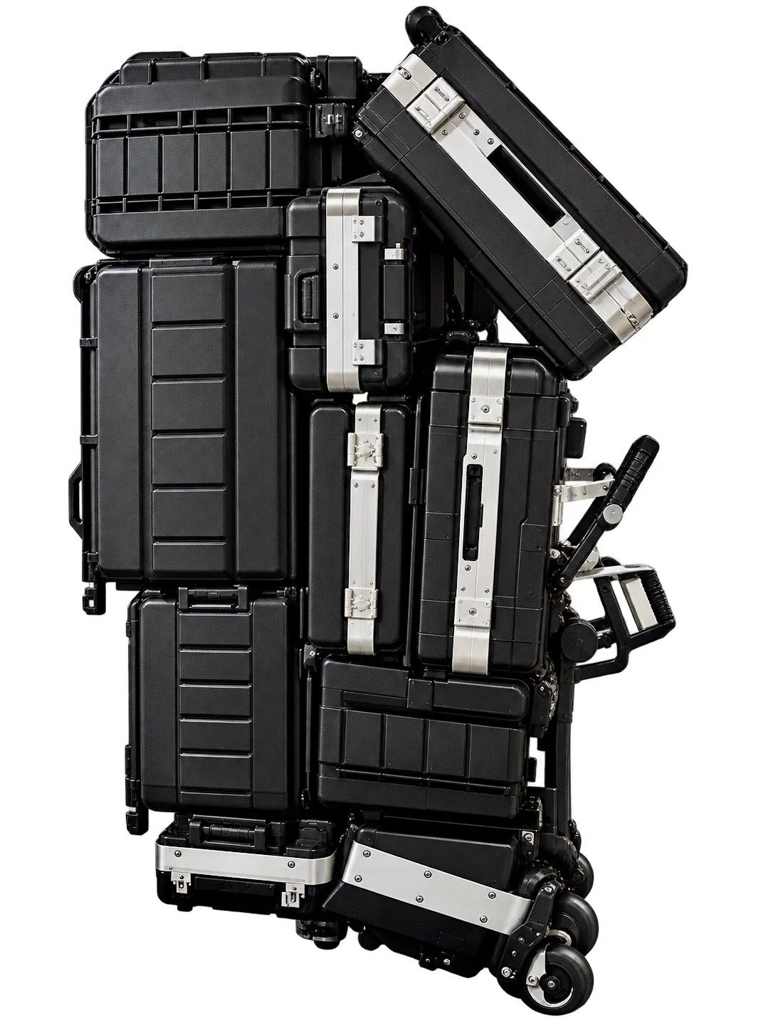 B2H hire equipment stored in black protective transport cases on a wheeled trolley
