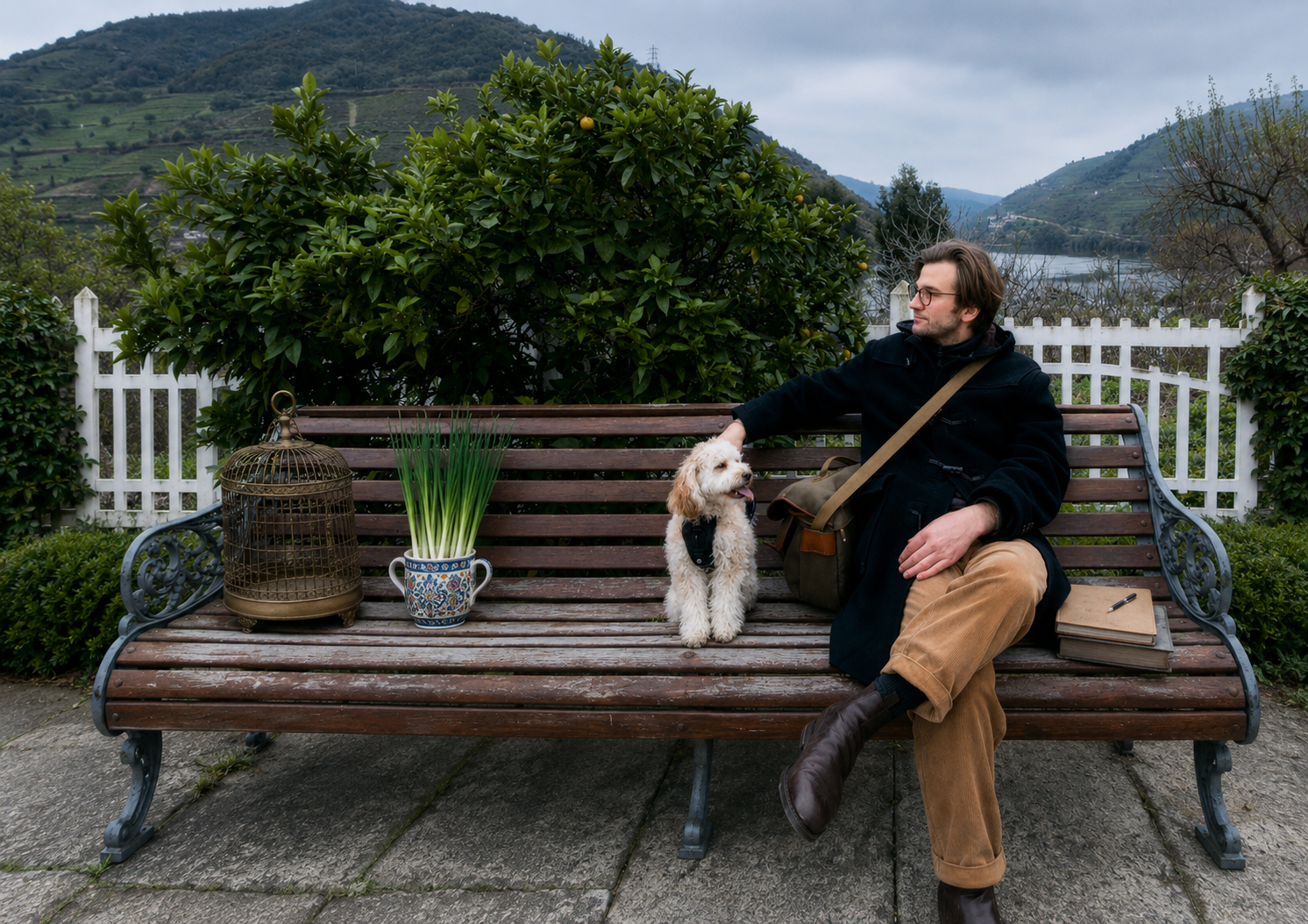 Alessandro Cagliesi sitting on a wooden park bench in southern Europe, pondering how to open a birdcage without doors, how he ended up with a bundle of spring onions, and how to bring a porcelain vase home, unharmed.