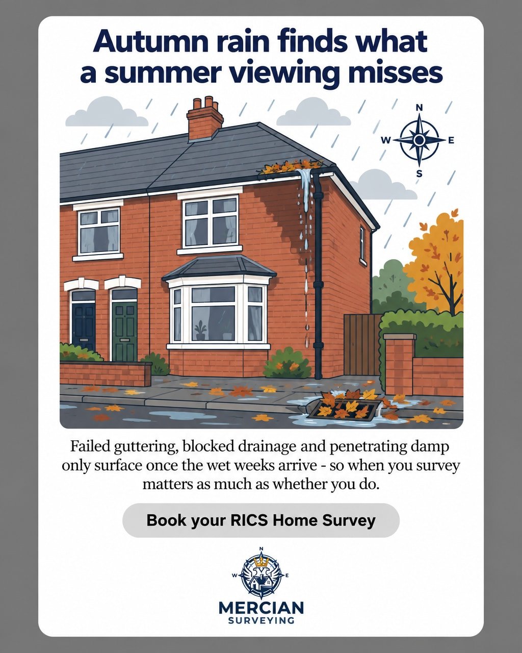 Buying a home in autumn? A dry August viewing can miss what October rain finds in a fortnight - failed guttering, blocked drainage, damp seeping through, cold bridging at the walls. I survey homes across the Midlands and work solely for you, so you k