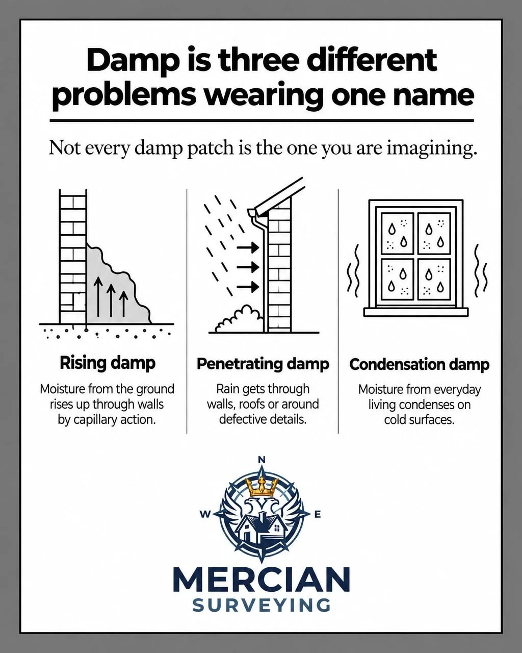 Damp is the word buyers fear most - but it isn't one problem, it's three. Rising damp climbs up from the ground. Penetrating damp gets in through the fabric of the building. Condensation is moisture in the air settling on a cold surface. Different ca