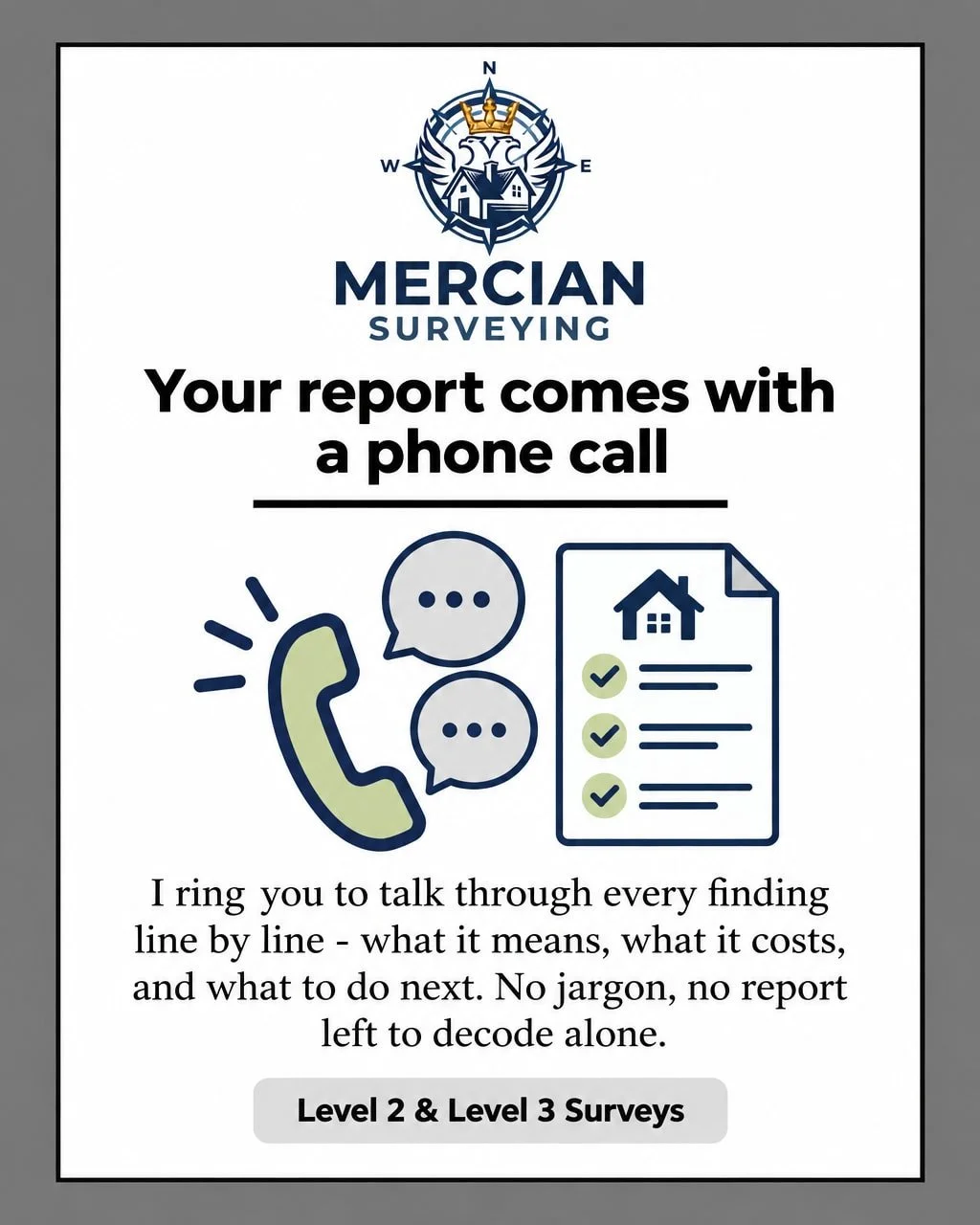 The report is the start of the conversation, not the end of it. Once your survey lands, I pick up the phone and we go through it together, line by line - what I found, what it means for you, and what to do next. No jargon, and no report left for you 