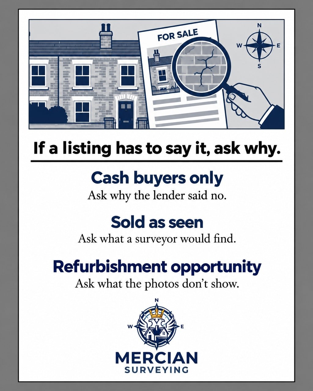 Estate agents write listings for a reason - and it isn't always to help you.

'Cash buyers only' usually means a lender won't touch it. 'Sold as seen' means the seller isn't guaranteeing anything works. 'Refurbishment opportunity' is honest, but rare