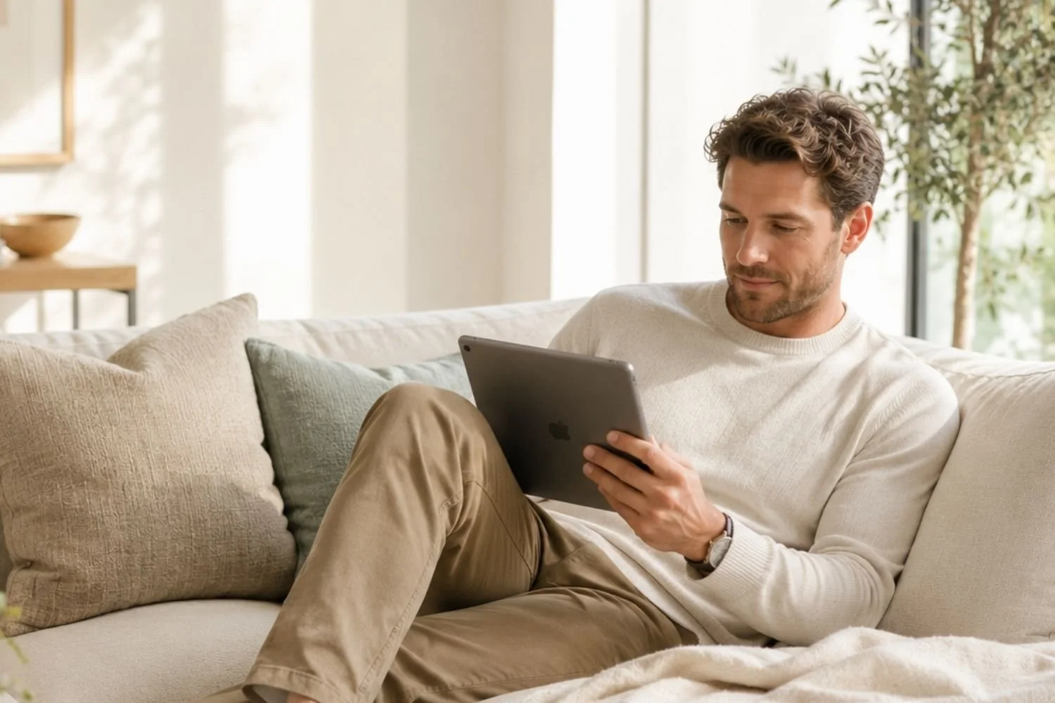 A man sitting on a beige couch, using a tablet in a bright living room with large windows and some indoor plants.