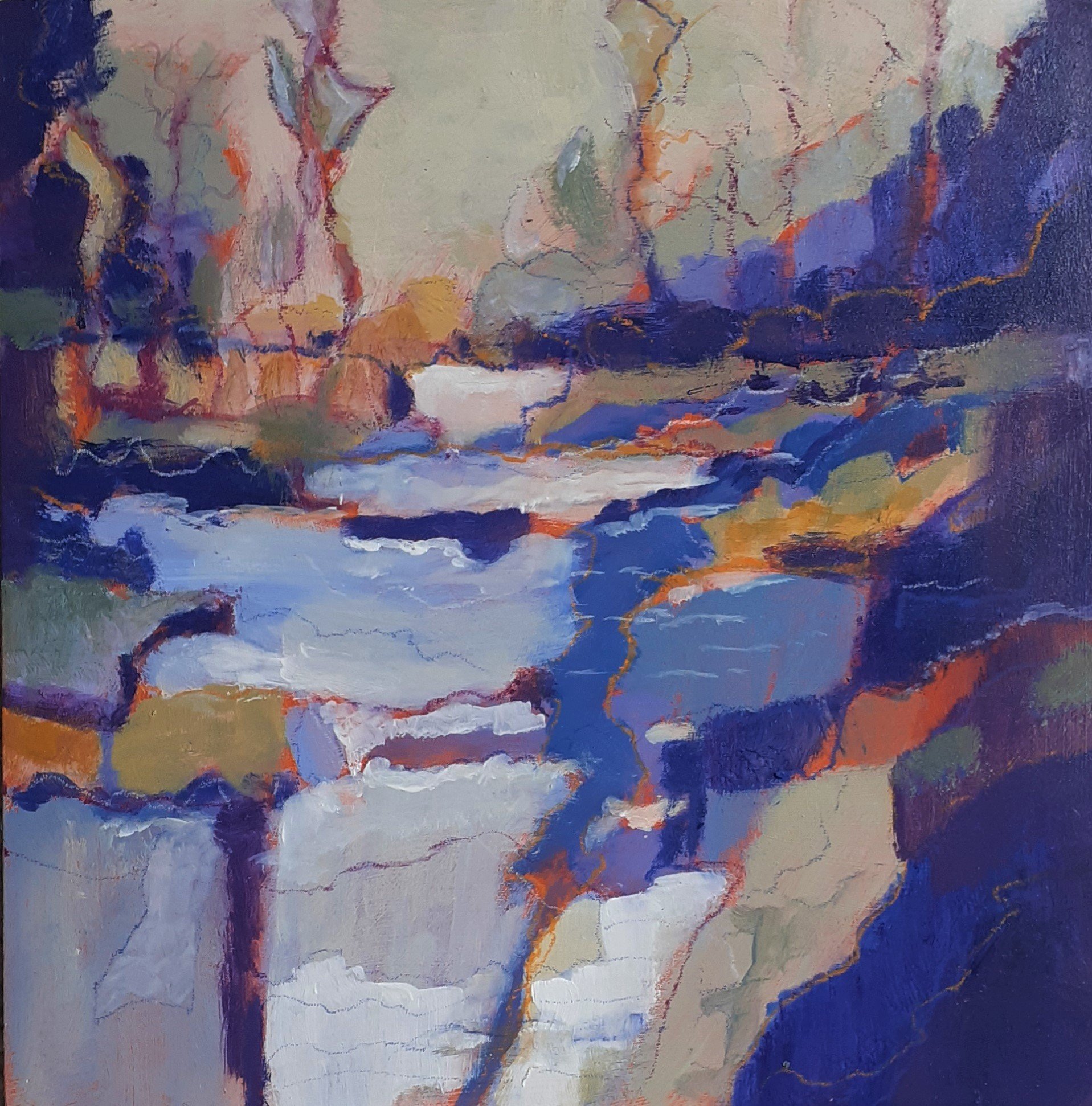 The River at Olney, from the footbridge - 25 x 25cm acrylic on wood panel  Sold 