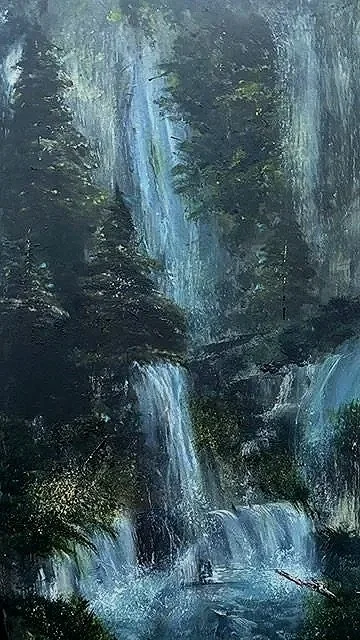 Title: 
Hidden Sanctuary

Description:
A tranquil waterfall cascades through vibrant green foliage. Tall pine trees surround the waterfall, adding depth to the scene.