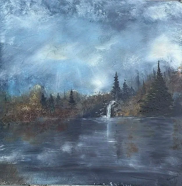 Title:
Silent Cascades

Description:
Silent Cascades invites the viewer into a place where rushing water is softened by distance, and the quiet beauty of the landscape takes center stage. Sunlight breaks gently through the clouds, illuminating the fa