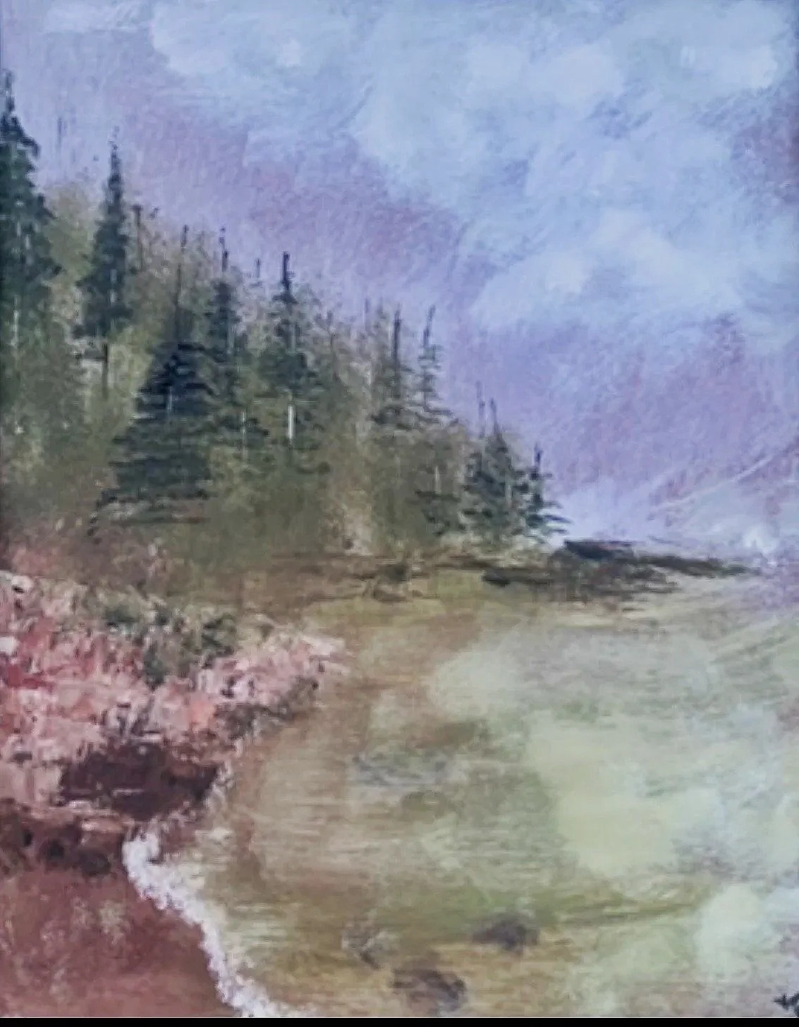 Title: 
Quiet Shores

Description: 
Silent Shores invites the viewer to pause where gentle waves meet a quiet shoreline and the evergreens stand watch over calm, crystal waters. Soft morning light and muted colors create a sense of rest, reminding us