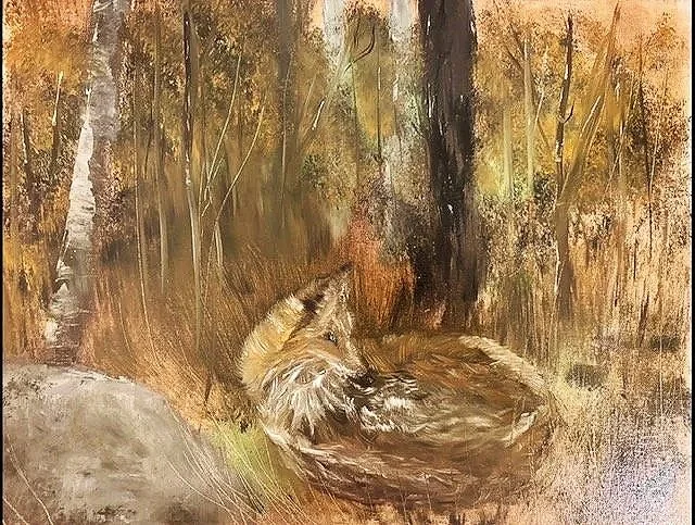 Title: 
Resting In Trust

Description: 
Resting in Trust captures a quiet moment often missed in the natural world, a fox peacefully curled beneath the trees, completely at rest. Surrounded by the warmth of the forest, it reminds us that true peace i