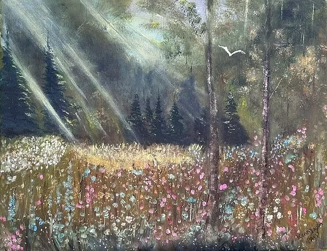 Title: 
Awakening Light

Description: 
Awakening Light celebrates the quiet miracle of a new day. Sunbeams pour through the forest canopy, illuminating a meadow alive with wildflowers and inviting the viewer into a place of peace, renewal, and hope. 