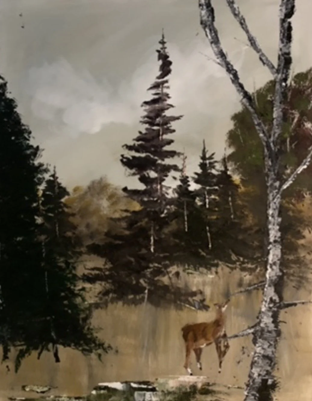 Woodland Encounter captures the quiet wonder of an unexpected meeting deep within the forest. A lone deer pauses beside the still water, surrounded by evergreens and soft autumn grasses beneath a gentle sky. In that fleeting moment, time seems to sta