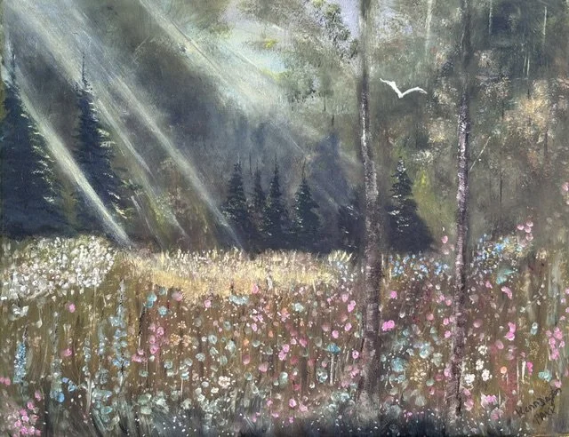 Awakening Light celebrates the quiet miracle of a new day. Sunbeams pour through the forest canopy, illuminating a meadow alive with wildflowers and inviting the viewer into a place of peace, renewal, and hope. The gentle play of light reminds us tha