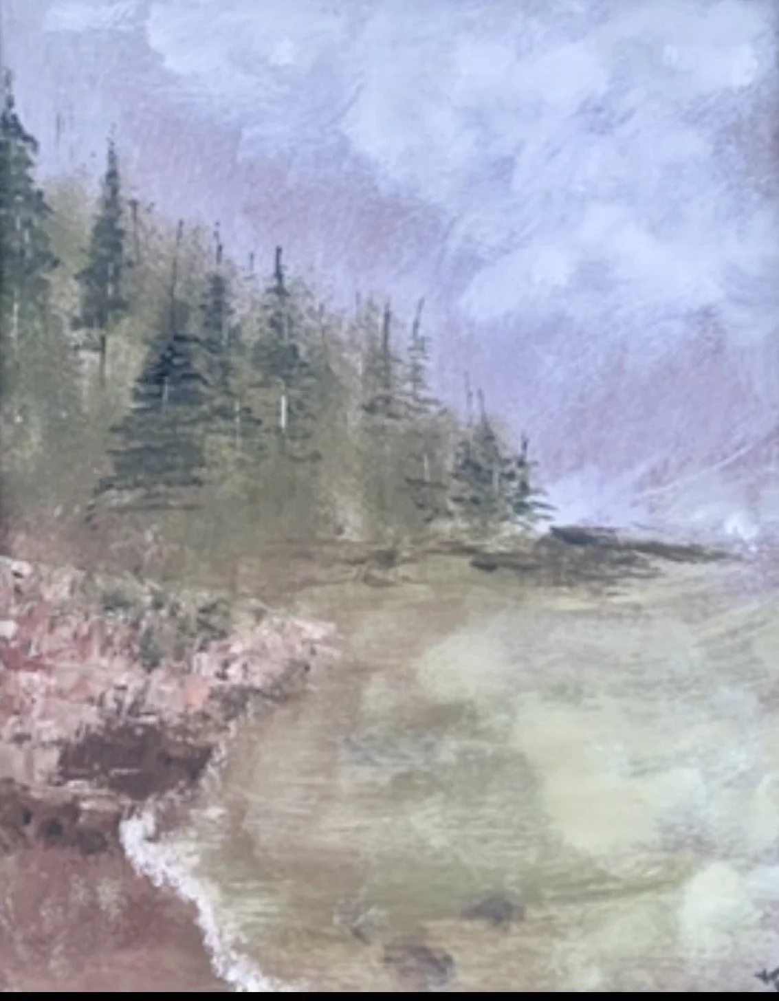 Quiet Shores invites the viewer to pause where gentle waves meet a quiet shoreline and the evergreens stand watch over calm, crystal waters. Soft morning light and muted colors create a sense of rest, reminding us that peace is often found in life's 