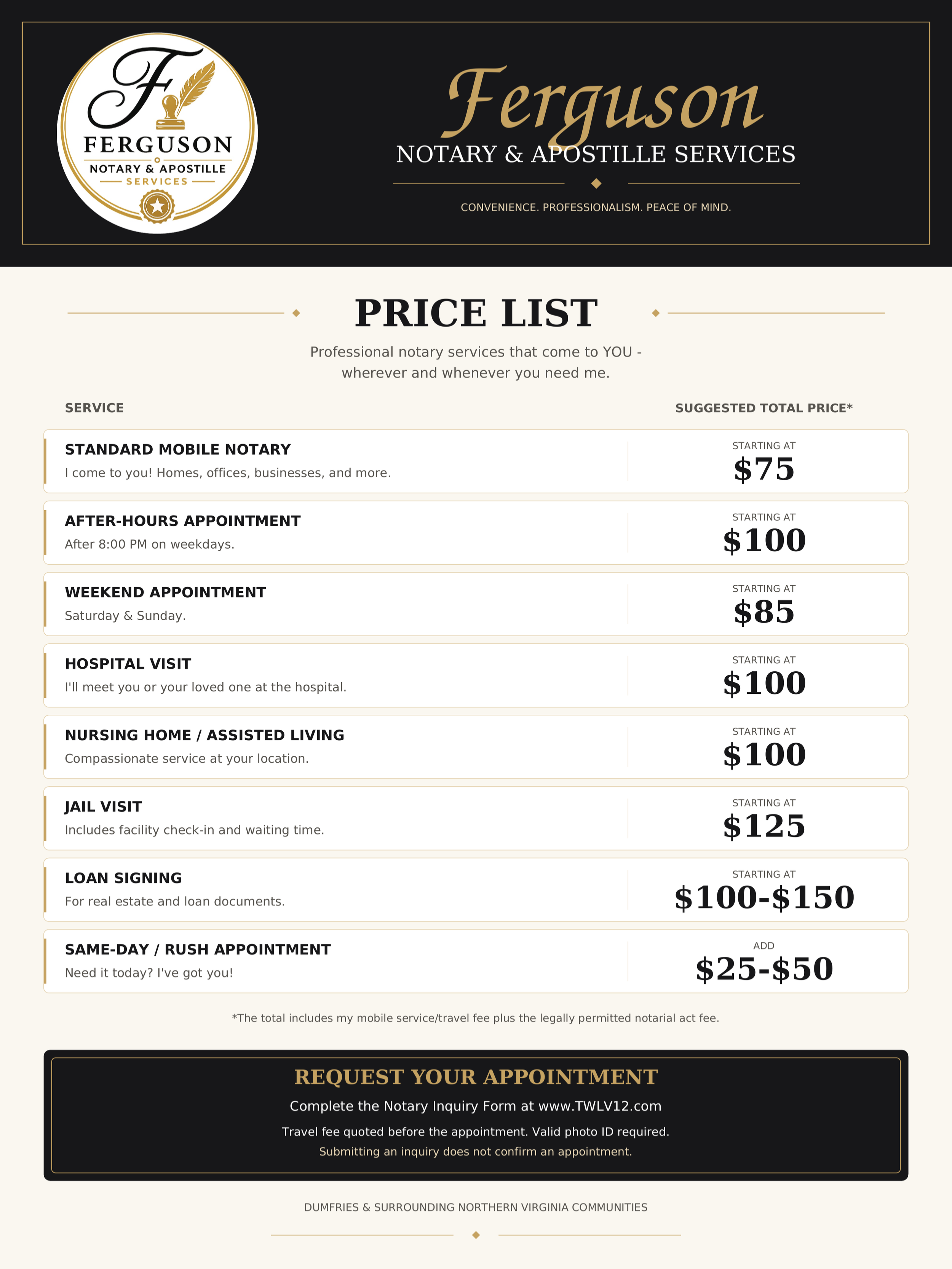 Ferguson Notary & Apostille Services price list featuring mobile notary, after-hours, weekend, hospital, nursing home, jail visit, loan signing, and rush appointment pricing.