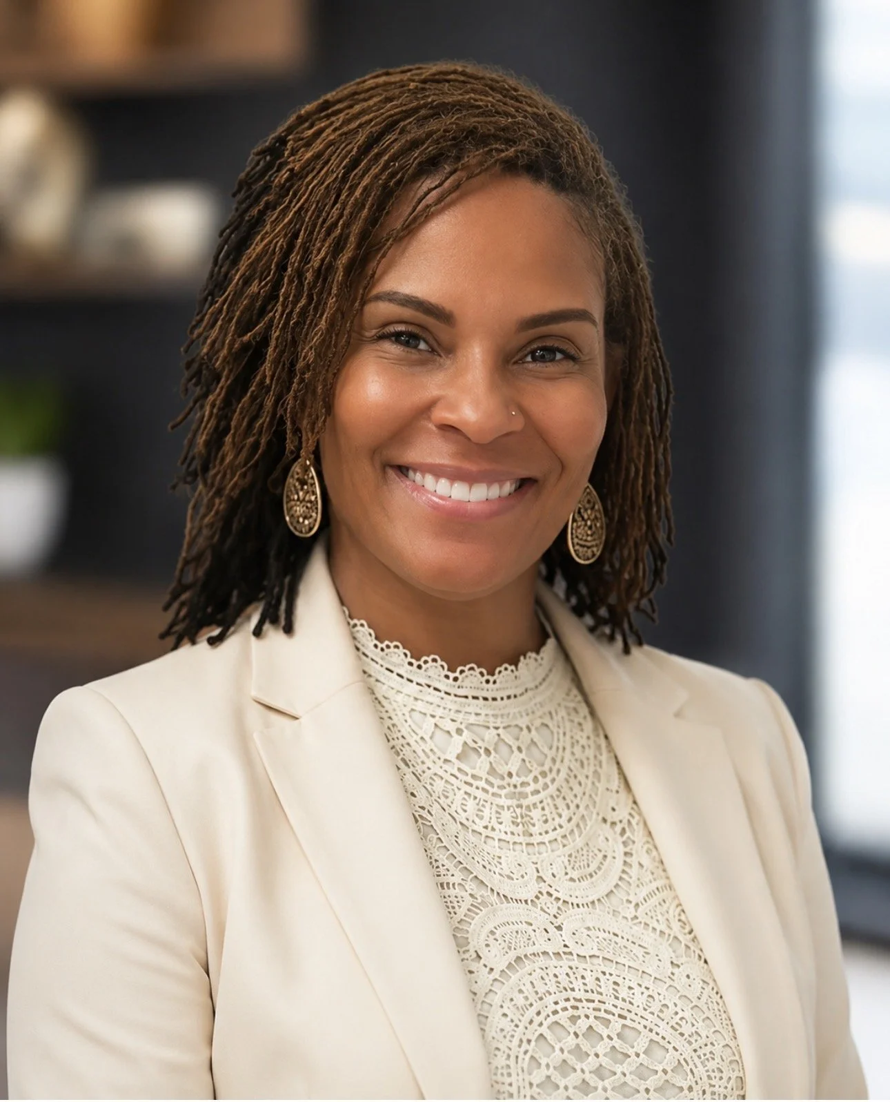 Smiling Black businesswoman with locs wearing a cream blazer, lace blouse, and statement earrings