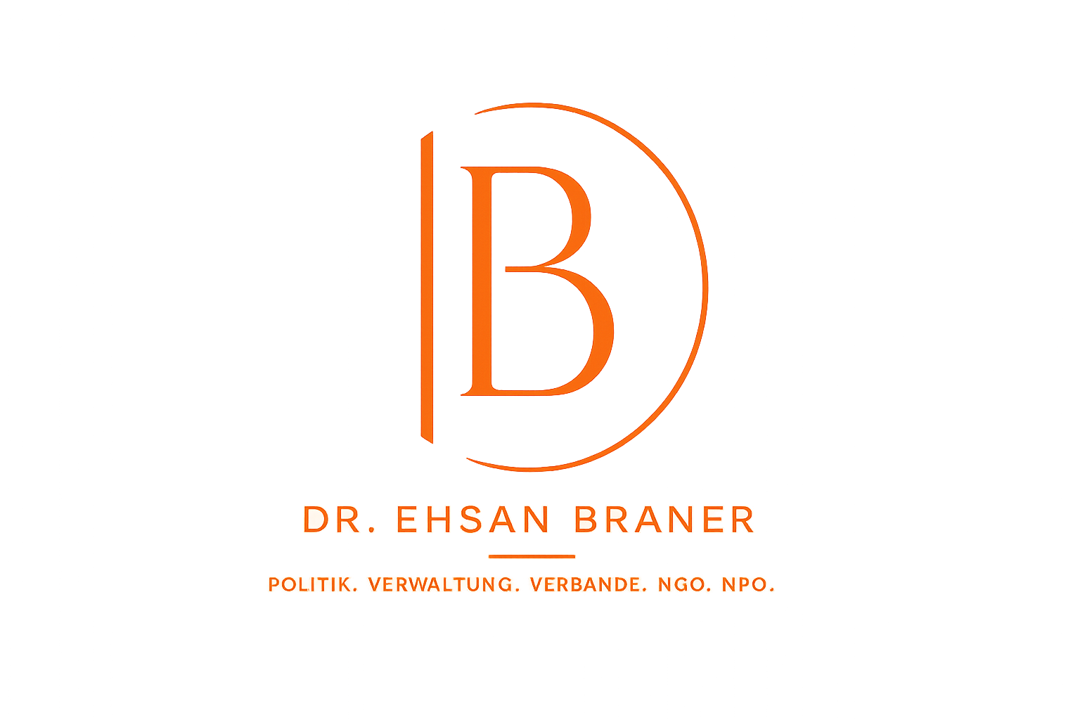 Logo mit einem großen orangefarbenen Buchstaben B, darunter der Name Dr. Ehsan Braner und die Berufsbezeichnungen Politik, Verwaltung, Verbände, NGO, NPO.